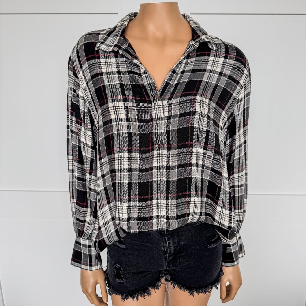 Chaps, Plaid Split Neck Relaxed Fit Henley Top, White/Black/Red, Women’s Large
